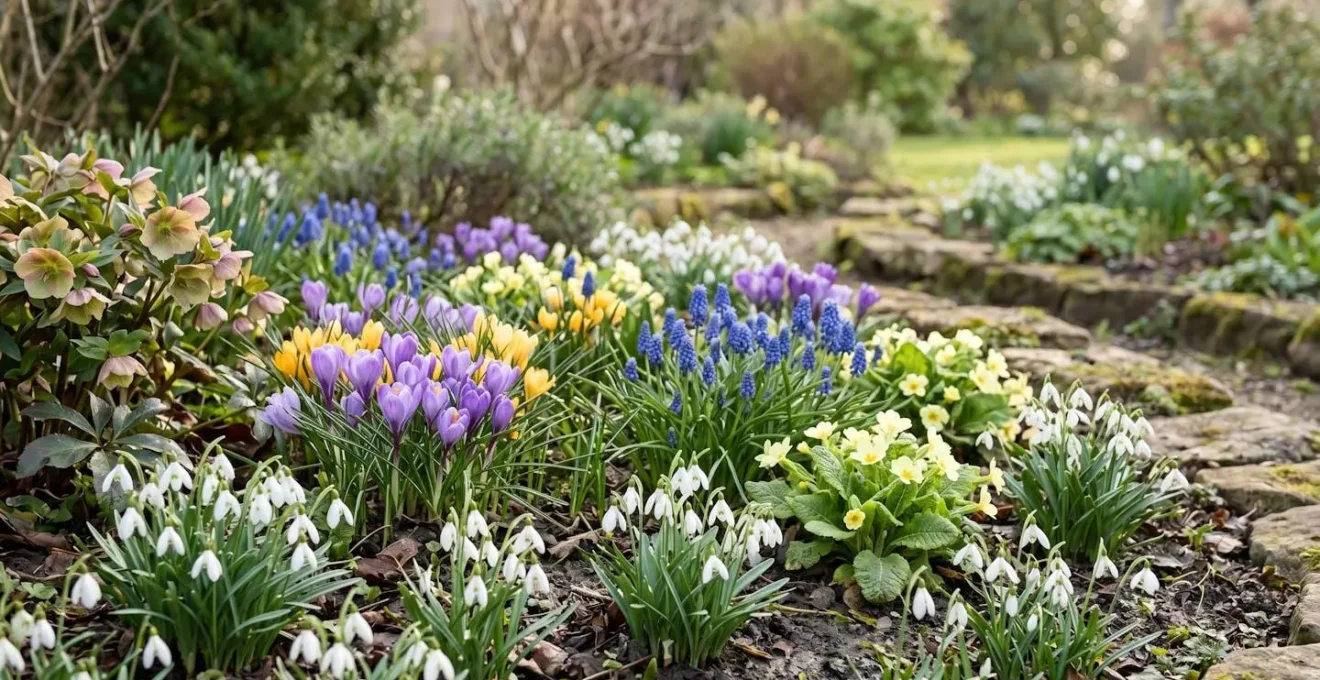 Scène de jardin français au printemps avec succession de bulbes en fleurs : perce-neige, crocus et muscaris créant un tapis coloré