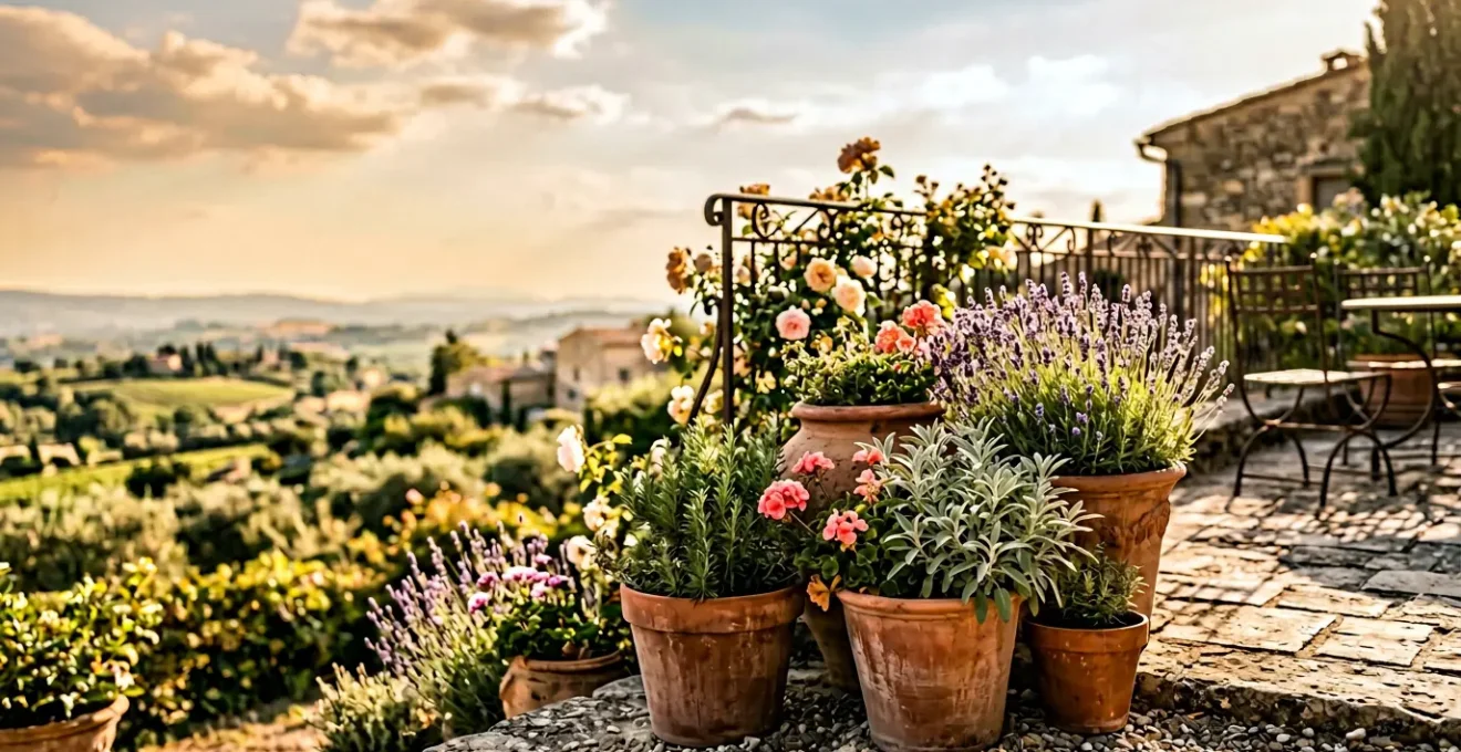 Jardin de balcon fleuri avec plantes résistantes à la sécheresse en pleine floraison estivale