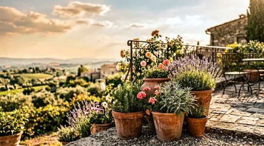 Jardin de balcon fleuri avec plantes résistantes à la sécheresse en pleine floraison estivale