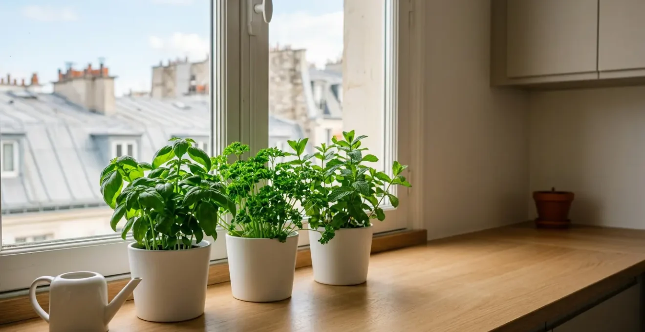 Mini jardin d'intérieur avec herbes aromatiques fraîches cultivées en appartement