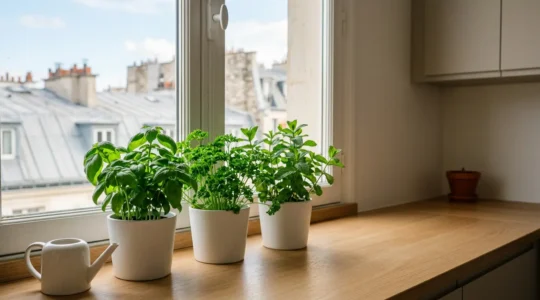Mini jardin d'intérieur avec herbes aromatiques fraîches cultivées en appartement