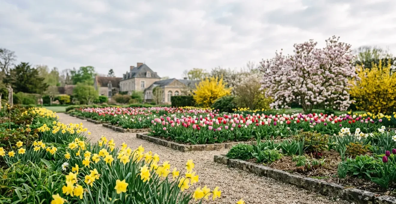 Jardin fleuri au printemps avec tulipes colorées, jonquilles et primevères disposées dans un massif pour Pâques