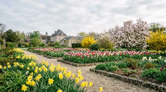 Jardin fleuri au printemps avec tulipes colorées, jonquilles et primevères disposées dans un massif pour Pâques