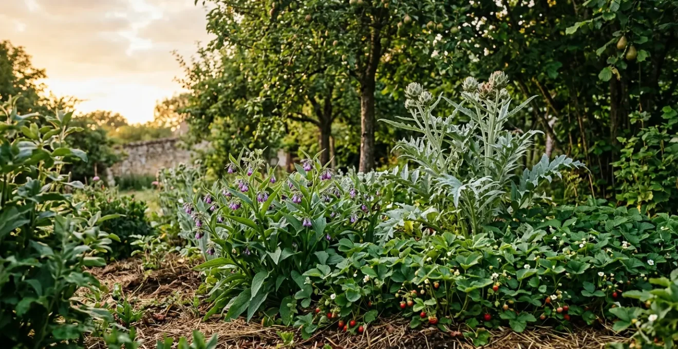 Jardin en permaculture avec strates végétales et plantes pérennes productives