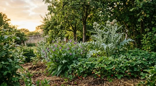 Jardin en permaculture avec strates végétales et plantes pérennes productives