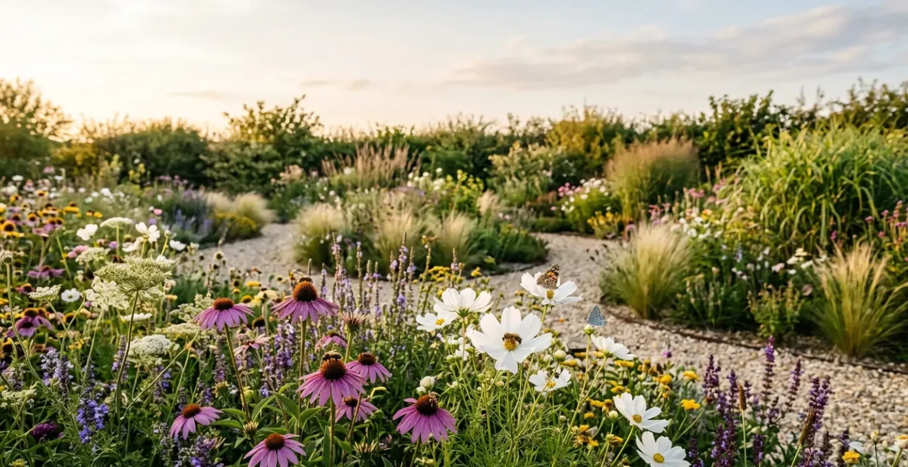 Jardin fleuri naturaliste favorisant les pollinisateurs avec plantes simples et insectes butineurs