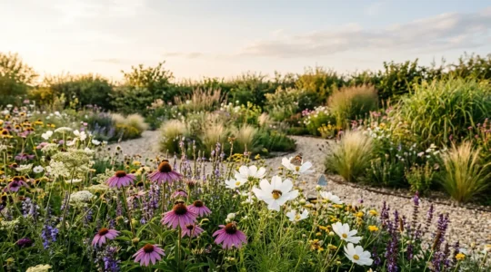 Jardin fleuri naturaliste favorisant les pollinisateurs avec plantes simples et insectes butineurs