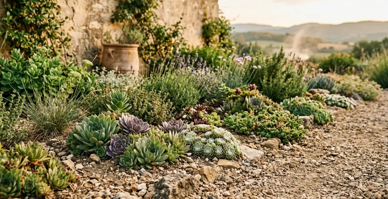Composition de sedums et plantes grasses resistantes sur un sol sec et caillouteux sous le soleil estival francais