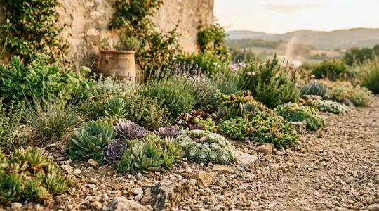 Composition de sedums et plantes grasses resistantes sur un sol sec et caillouteux sous le soleil estival francais