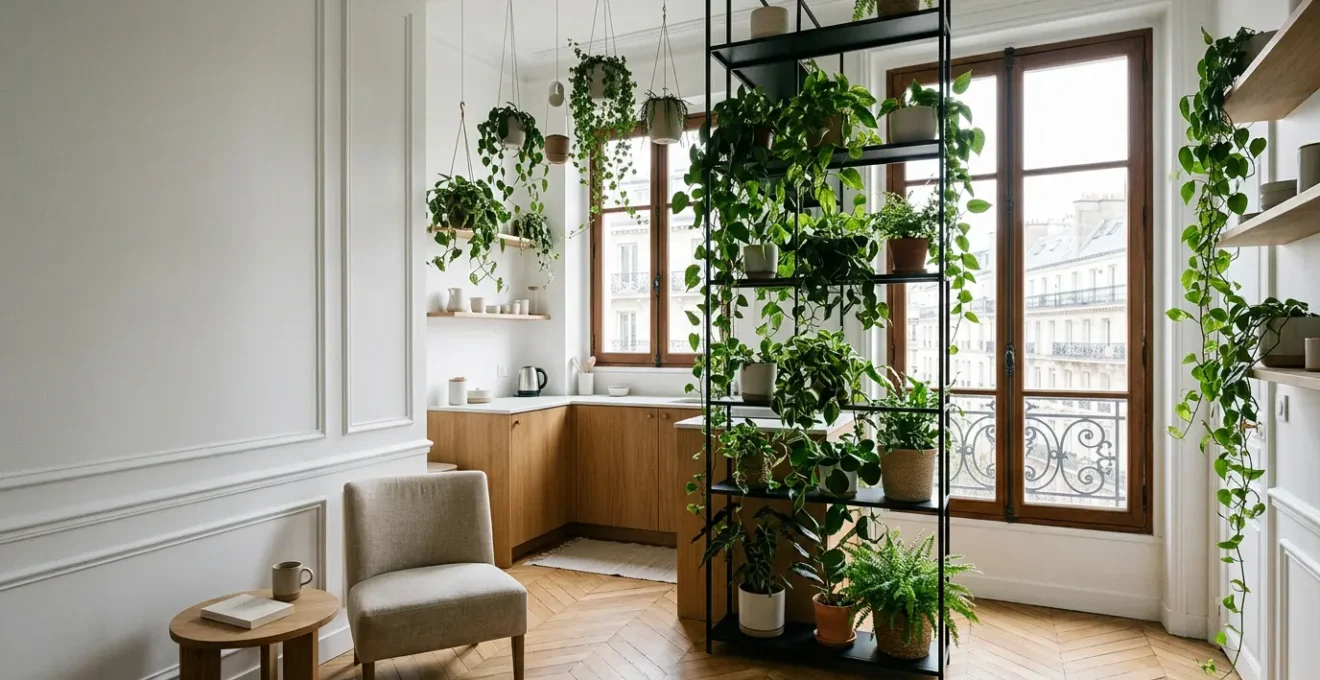 Appartement français moderne avec plantes d'intérieur grimpantes et suspensions végétales, maximisant l'espace vertical sans encombrer le sol