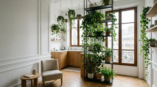 Appartement français moderne avec plantes d'intérieur grimpantes et suspensions végétales, maximisant l'espace vertical sans encombrer le sol