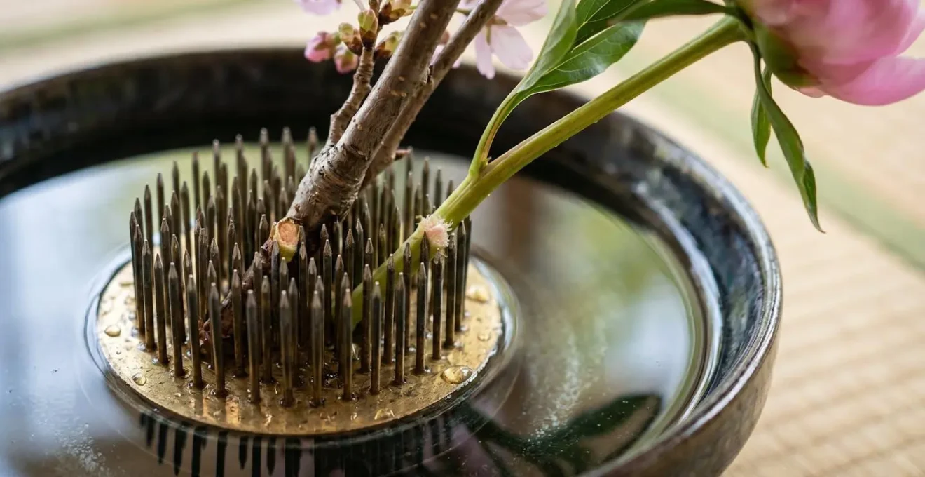 Gros plan macro sur un kenzan en laiton avec ses aiguilles métalliques et tiges de fleurs fraîches