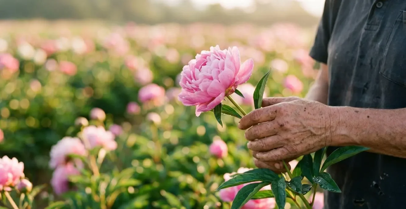 Main d'horticulteur français tenant délicatement une pivoine fraîchement cueillie dans un champ au lever du soleil