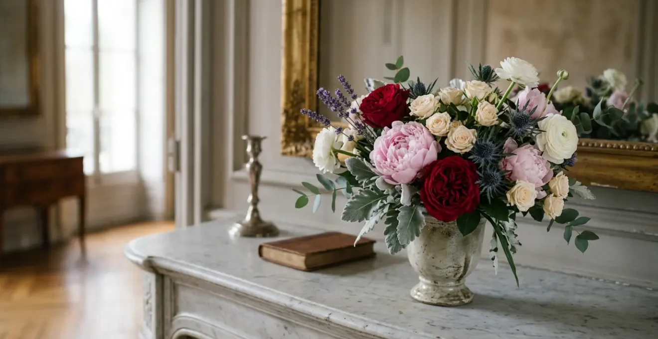 Composition florale élégante dans un contexte français, évoquant l'art subtil du langage des fleurs et l'étiquette sociale