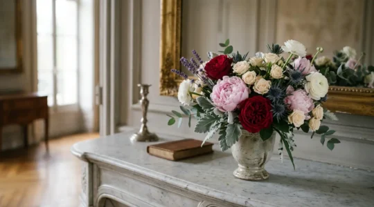 Composition florale élégante dans un contexte français, évoquant l'art subtil du langage des fleurs et l'étiquette sociale