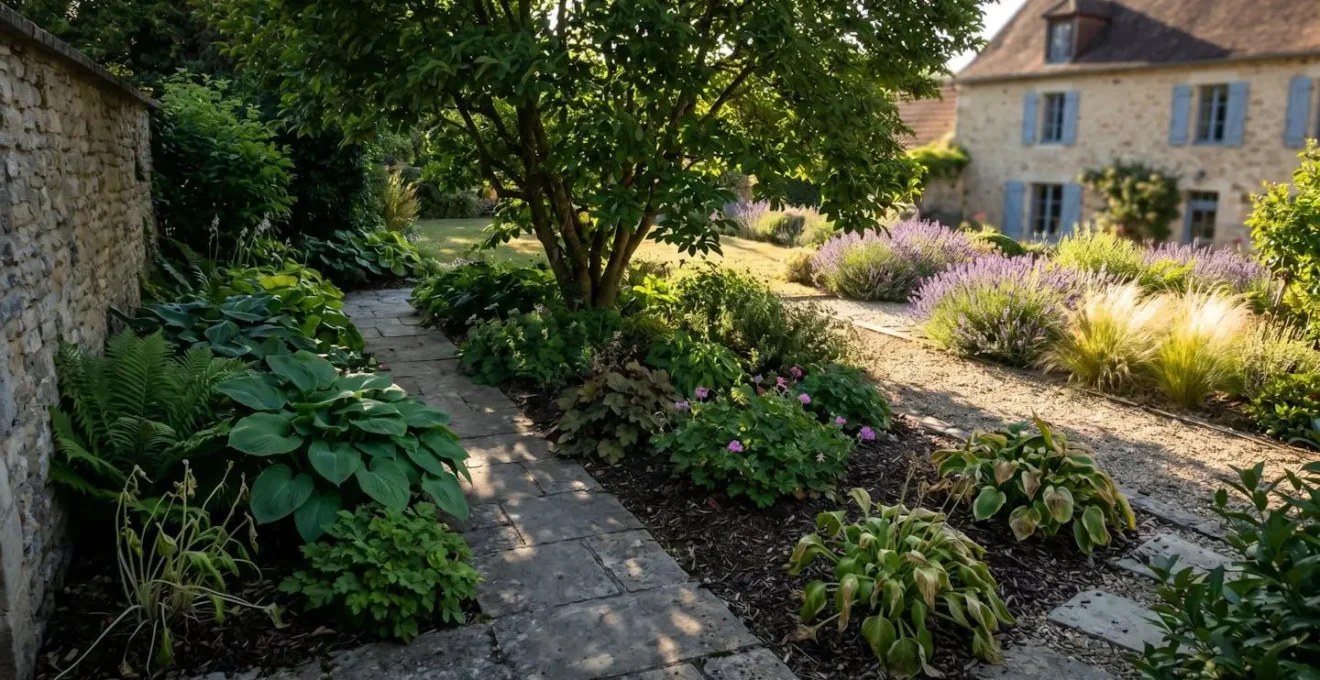 Vue en plongée d'un jardin français montrant différentes zones d'ombre et de lumière