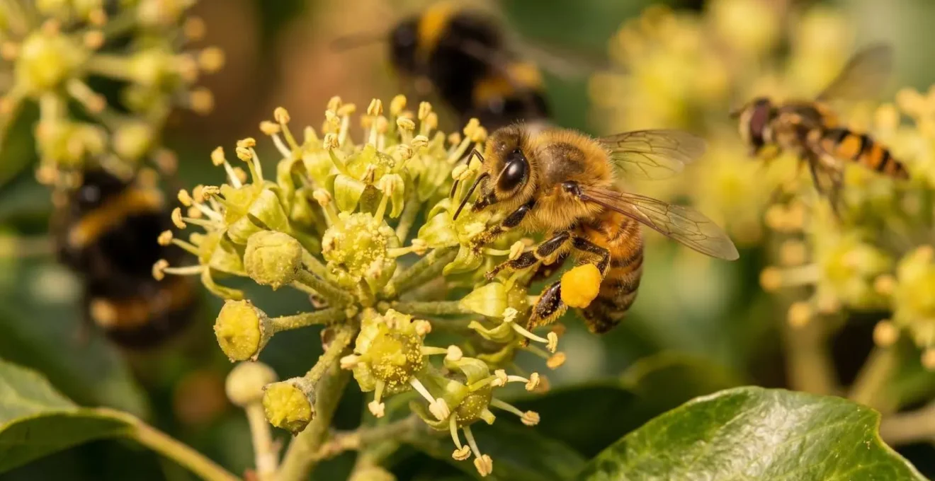 Floraison automnale du lierre grimpant avec abeilles et insectes butineurs récoltant le nectar tardif