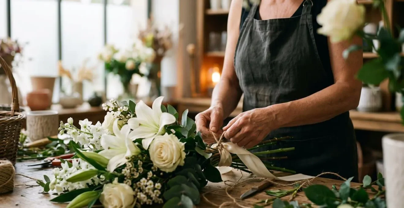 Artisan fleuriste français préparant avec soin une livraison de fleurs de deuil