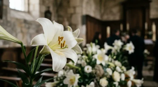 Composition de lys blancs immaculés disposés lors d'une cérémonie funéraire française