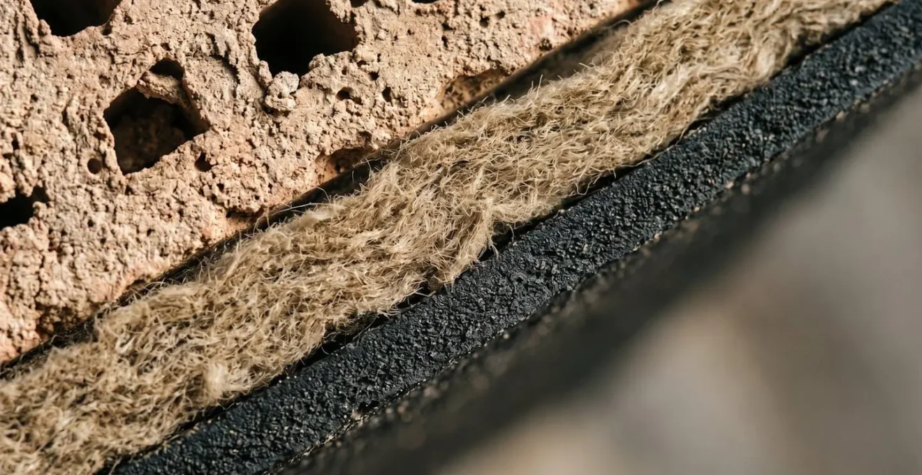 Détail macro sur les matériaux d'étanchéité d'un cadre végétal intérieur, montrant la texture du feutre horticole et de la membrane imperméable