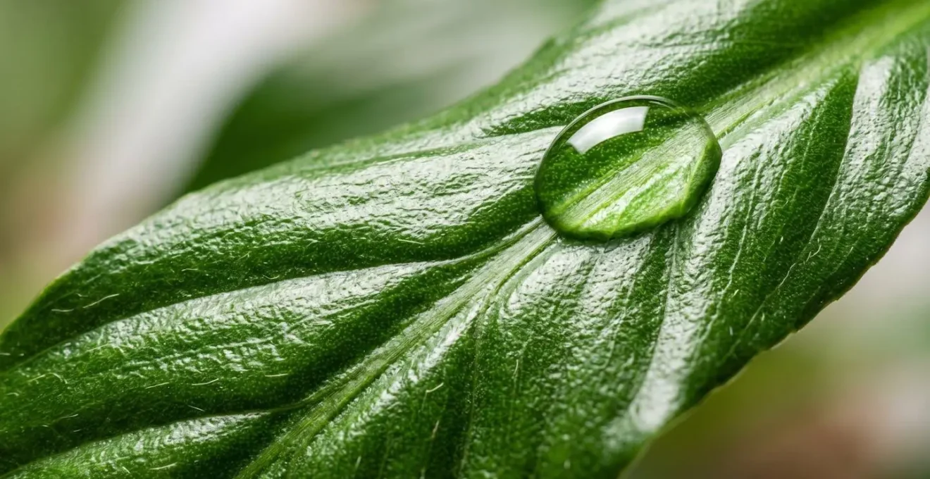 Gros plan macro d'une feuille de Spathiphyllum avec goutte d'eau montrant la texture et les stomates