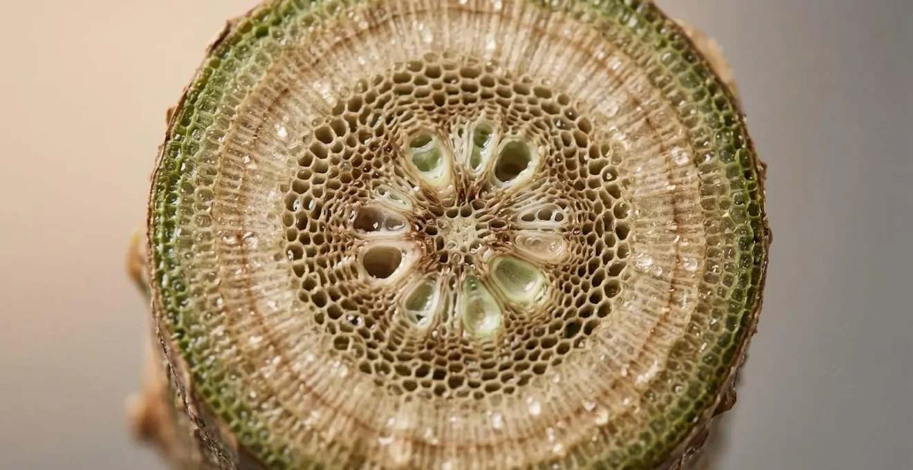 Macro photographie d'une section de tige de rose montrant la texture et les vaisseaux du xylème en détail extrême
