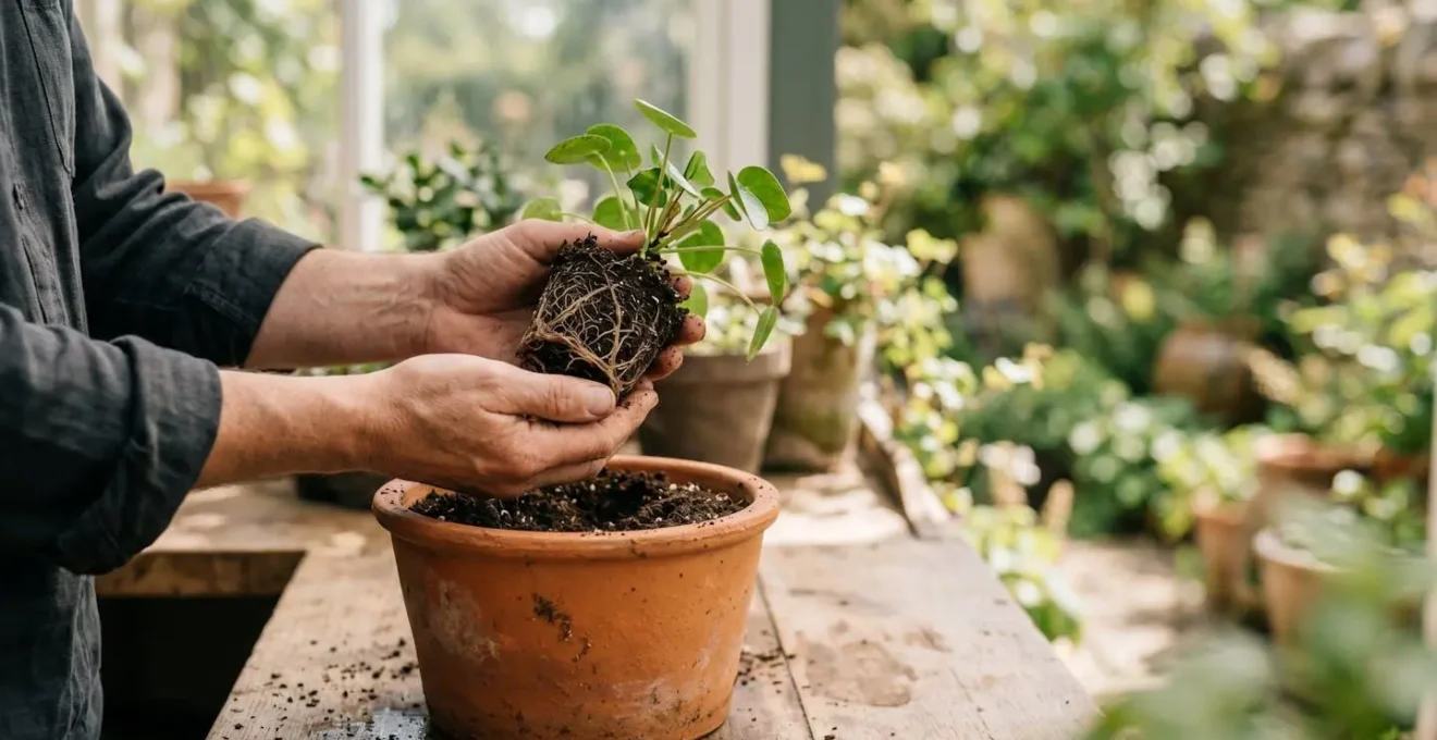 Vue rapprochée de mains rempotant une plante verte dans un pot en terre cuite artisanal français