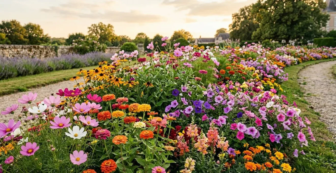 Massif de fleurs annuelles aux couleurs eclatantes en pleine floraison estivale