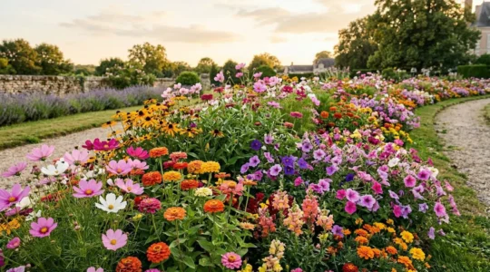 Massif de fleurs annuelles aux couleurs eclatantes en pleine floraison estivale