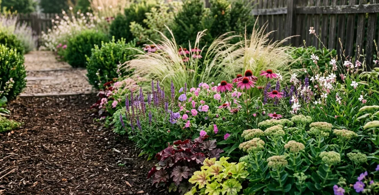 Massif de jardin luxuriant composé de vivaces colorées et de graminées sous lumière naturelle