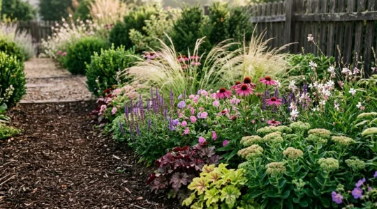 Massif de jardin luxuriant composé de vivaces colorées et de graminées sous lumière naturelle