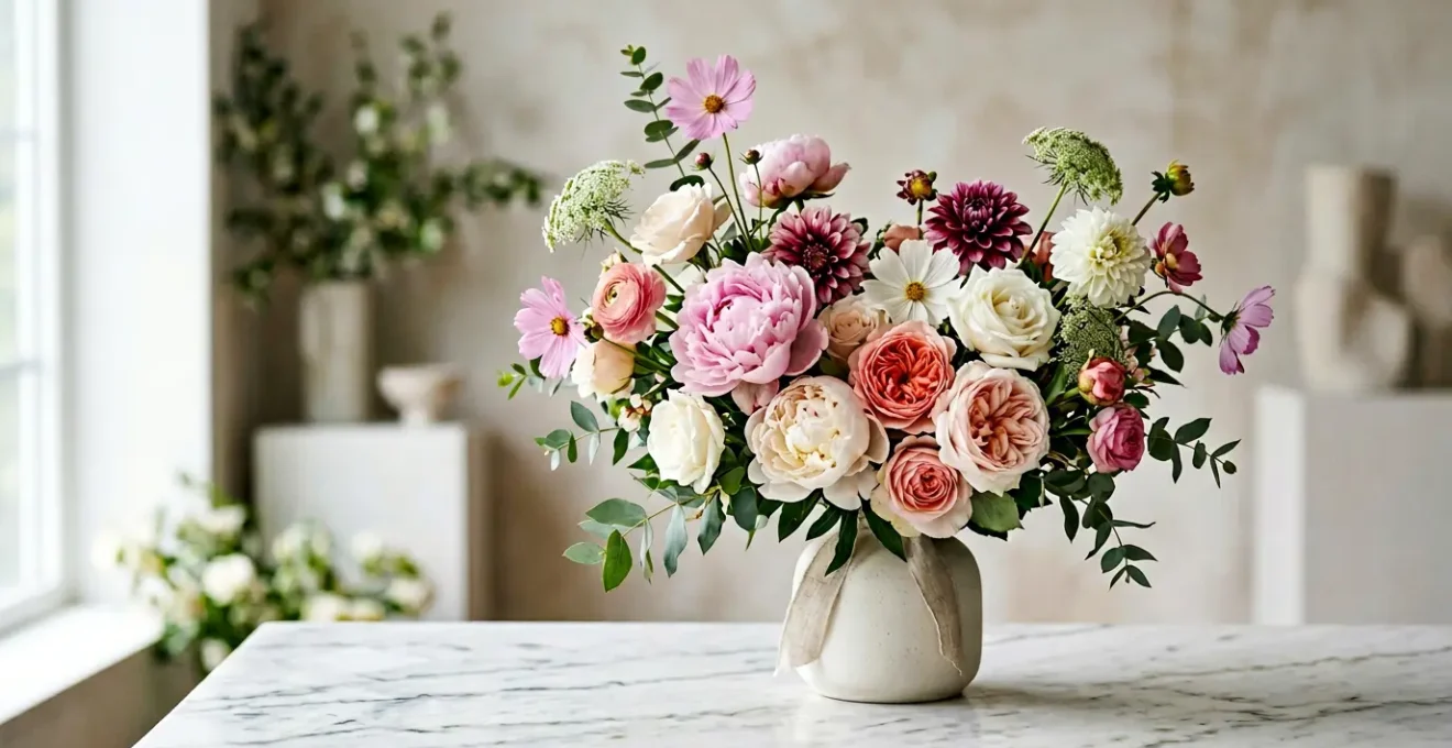 Composition florale élégante démontrant l'application du nombre d'or et de la spirale de Fibonacci dans l'arrangement des fleurs