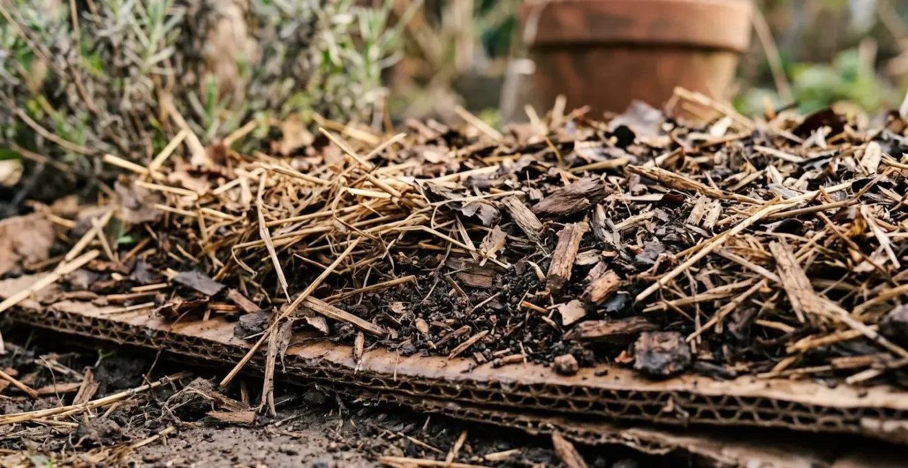 Gros plan sur une technique de paillage en lasagnes montrant les couches de carton et de matieres organiques au pied de plantes vivaces