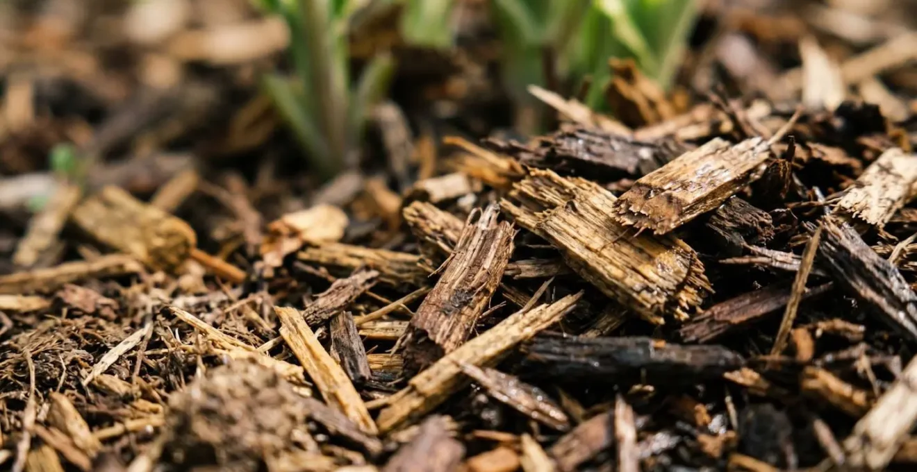 Gros plan sur paillis végétal au pied de plantes vivaces montrant la texture et l'épaisseur du matériau organique
