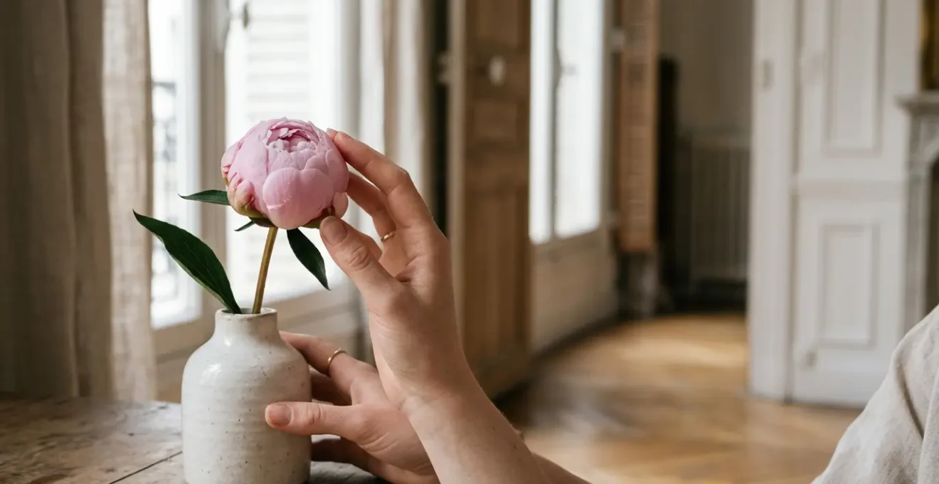 Bouton de pivoine rose en vase prêt à s'ouvrir dans un intérieur français élégant