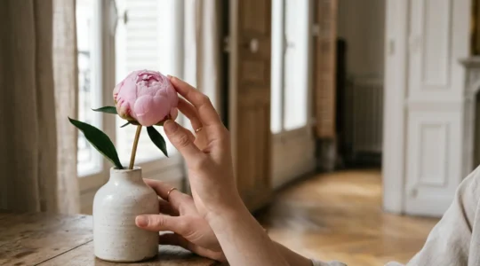 Bouton de pivoine rose en vase prêt à s'ouvrir dans un intérieur français élégant