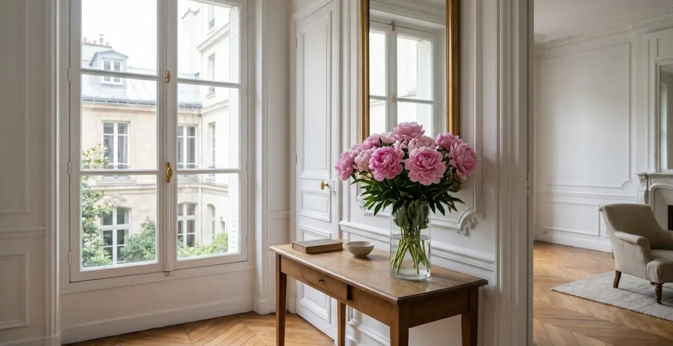 Vase de pivoines placé dans un intérieur parisien à lumière douce