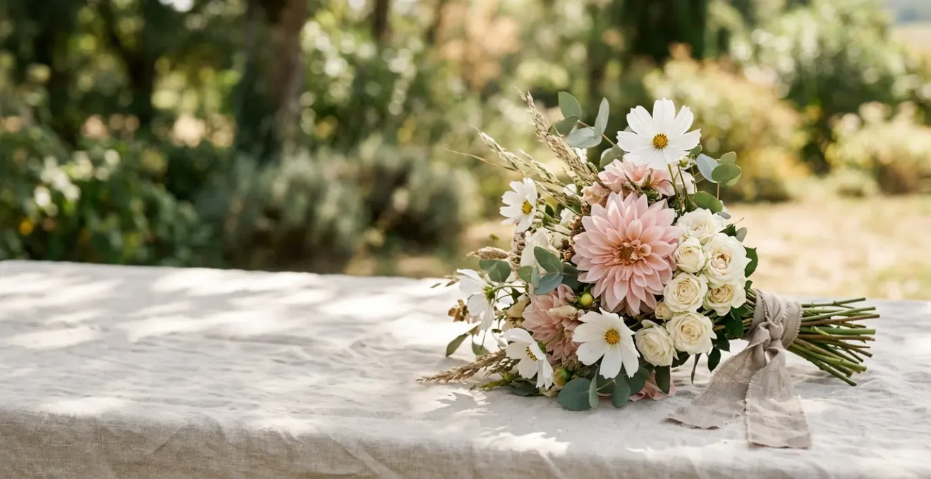 Arrangement floral de mariage estival avec dahlias et roses de jardin aux teintes blanches et roses, évoquant la douceur d'une célébration en plein air