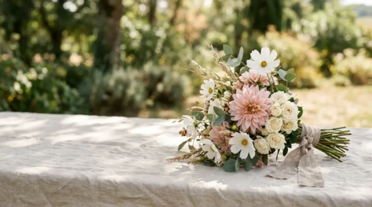 Arrangement floral de mariage estival avec dahlias et roses de jardin aux teintes blanches et roses, évoquant la douceur d'une célébration en plein air