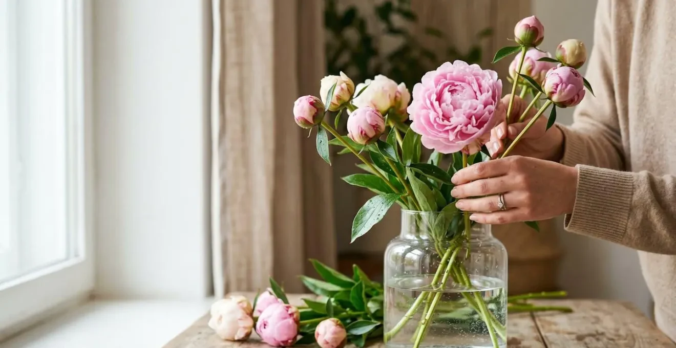 Pivoines à différents stades d'ouverture dans un vase, de boutons fermés à fleurs épanouies
