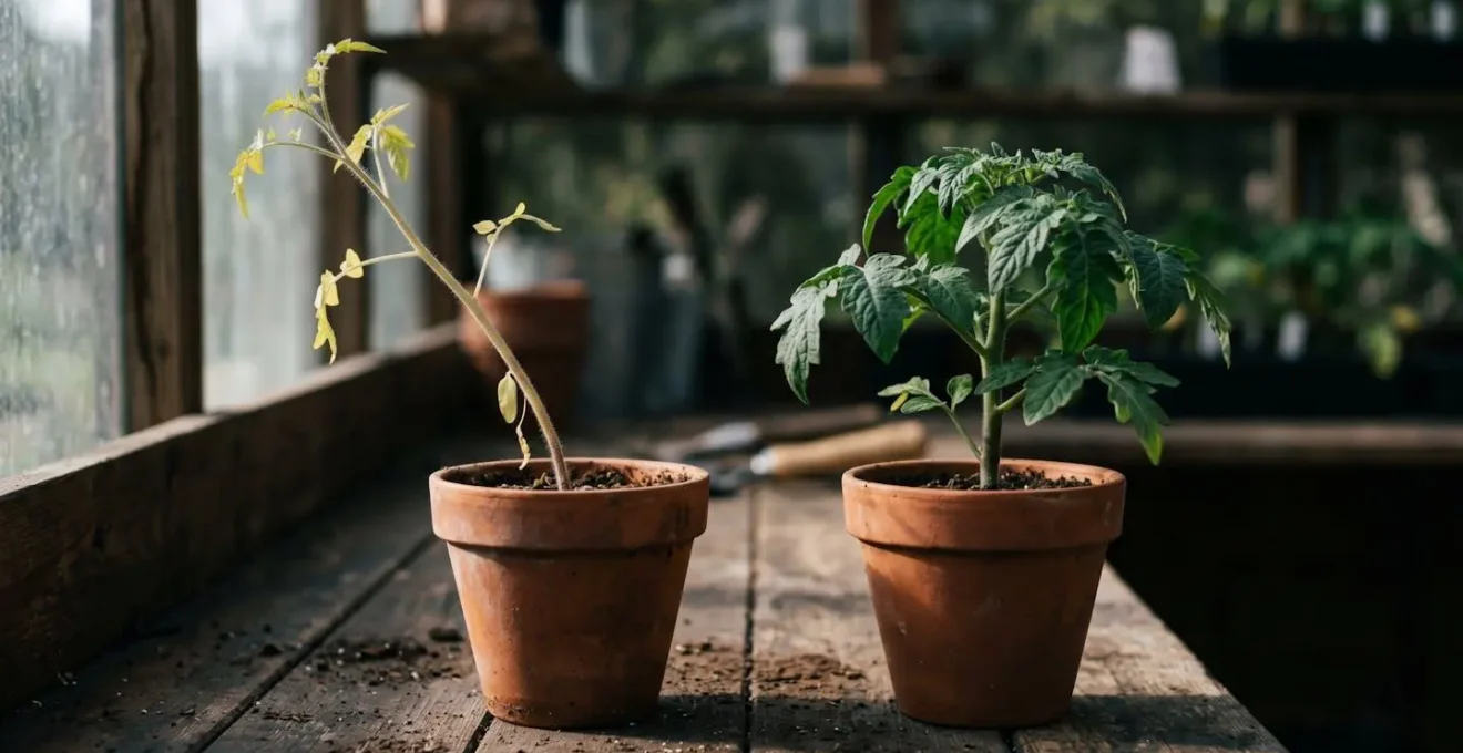 Jeune plant de tomate etiole avec tige fine et allongee comparee a plant trapu dans conditions optimales