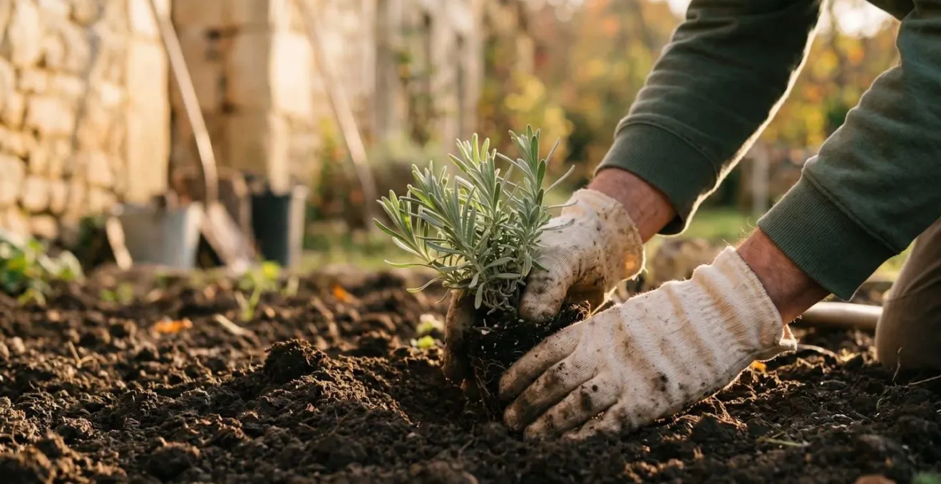 Jardinier plantant des vivaces méditerranéennes résistantes à la sécheresse dans un jardin français en automne