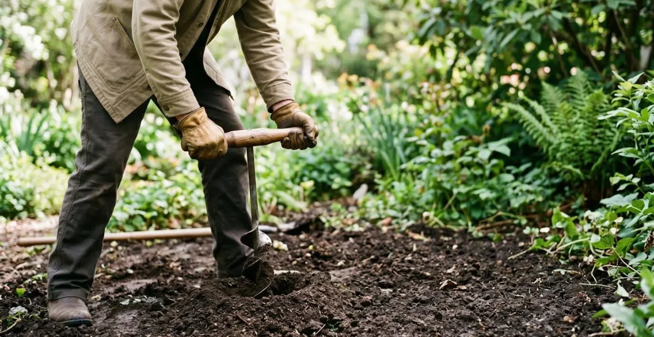 Jardinier utilisant une tarière manuelle avec posture ergonomique correcte pour planter des bulbes sans se fatiguer le dos