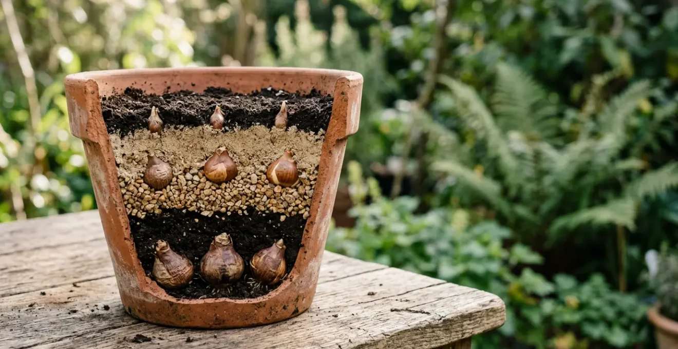 Plantation en lasagne de bulbes à fleurs en pot avec trois couches superposées pour une floraison échelonnée au printemps