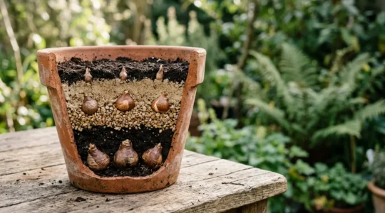 Plantation en lasagne de bulbes à fleurs en pot avec trois couches superposées pour une floraison échelonnée au printemps