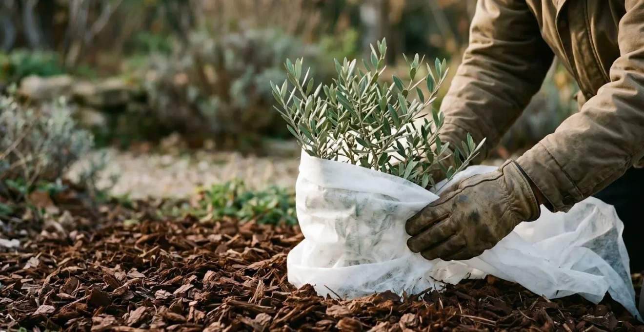 Jeune plante méditerranéenne protégée par un voile d'hivernage et un paillage épais pour survivre à l'hiver