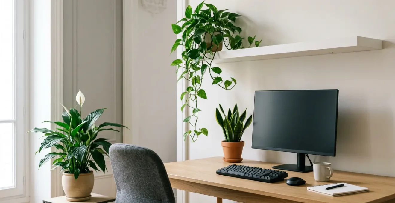 Plantes vertes dépolluantes dans un environnement de bureau moderne français