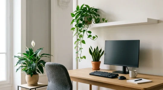 Plantes vertes dépolluantes dans un environnement de bureau moderne français