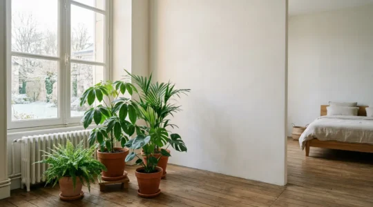 Plantes d'intérieur dans une chambre lumineuse créant un microclimat humide en hiver