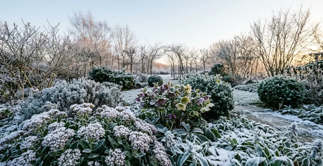 Plantes rustiques couvertes de givre dans un jardin d'hiver français, démontrant leur capacité à survivre au gel extrême